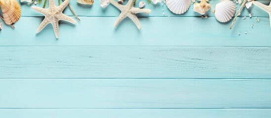 Sticker - Beach Accessories On Blue Plank Summer Holiday Banner. Creative banner. Copyspace image