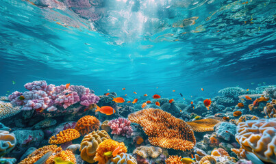 Wall Mural - Super realistic professional photo of the calm clean blue surface of the sea, with a beautiful and colorful coral reef.