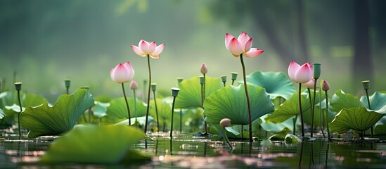Sticker - Lotus bud Growing in a swamp will float Lotus buds are used in Buddhist ceremony. Creative banner. Copyspace image