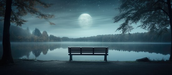 Wall Mural - A bench at a park overlooking a beautiful lake. Creative banner. Copyspace image