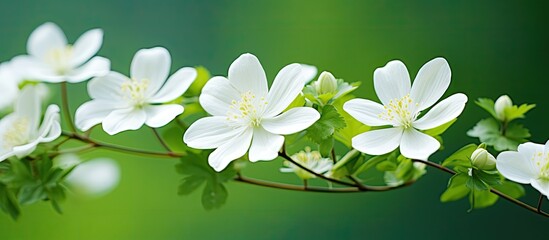 Wall Mural - white Flower Plant White Flower Buds And Green Background. Creative banner. Copyspace image