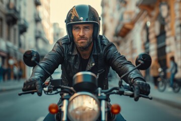 Wall Mural - Motorcyclist Riding Through City Streets