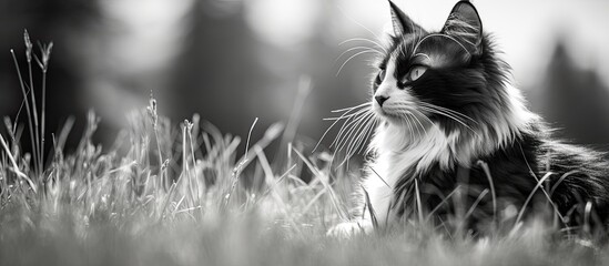 Wall Mural - black and white cat lying on the grass in the backyard. Creative banner. Copyspace image