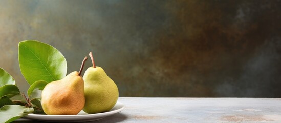Sticker - Fresh bio pear with leaves on the plate Gray stone table. Creative banner. Copyspace image