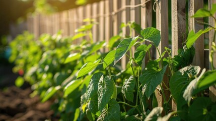 Wall Mural - Bean plants growing on the garden fence