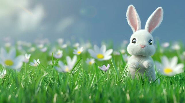 Cute white bunny rabbit standing in a green field of grass and flowers. The rabbit is looking at the camera with a curious expression.