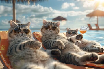 Wall Mural - All inclusive hotel, happy scottishfold cats family are laying on the lounge chairs, in sunglasses, hanging glass of cocktail in their paws, warm summer day, bright sun, high detail