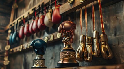 Award trophy for boxer stands on a shelf next to gold medals and boxing gloves hanging