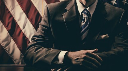 Background material image photo of a man in a suit sitting at a desk with his arms folded, with the stars and stripes in the background