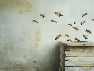 Wall Mural - Bees flying out from a traditional wooden beehive, uncluttered, minimalist, muted colours, muted tones, rustic simplicity
