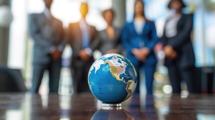 Corporate businesspeople standing around world globe, blurred background