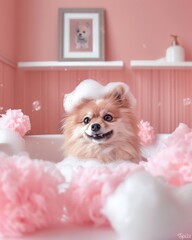 Wall Mural - Little Dog in a bath with foam on his head , pink atmosphere