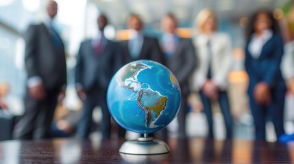 Corporate businesspeople standing around world globe, blurred background