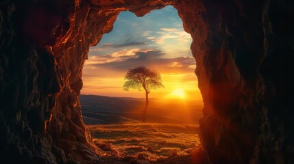 A sunset viewed through a stone doorway. The foreground is dark, emphasizing the bright, golden light outside