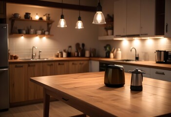 empty clean table in front of kitchen, modern interior design	
