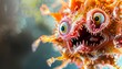 © sch_ai - Closeup of a microbe with eyes and mouth under a microscope
