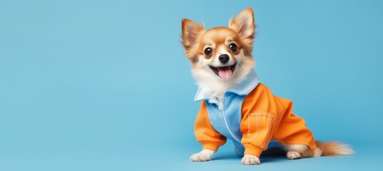 Wall Mural - Charming dog in an orange jumpsuit on a light blue background	
