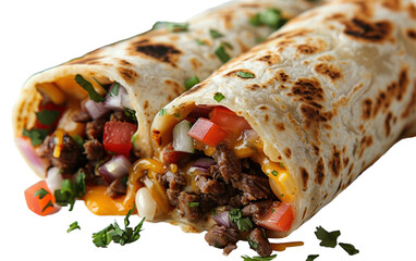 Wall Mural - A freshly made burrito filled with beef, cheese, tomatoes, and onions