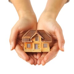 Wall Mural - holding a miniature of a simple house with both hands isolated on white background  