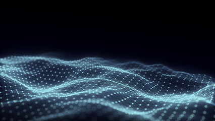 Wall Mural - Blue wave of particles and lines. Big data visualization. Abstract background with a dynamic wave. 3d rendering.