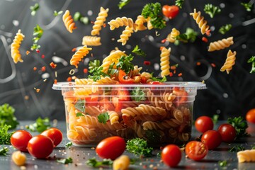 Wall Mural - Fresh Pasta Salad with Cherry Tomatoes in Mid-Air
