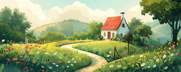 Wall Mural - Serene countryside vine-covered cottage with a flower-filled garden and a winding pathway. Vector flat minimalistic isolated illustration.