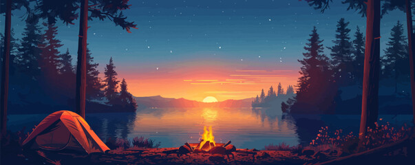 Sticker - Stylized illustration with camping tent and campfire during sunset golden hour in woods near lake. vector simple illustration