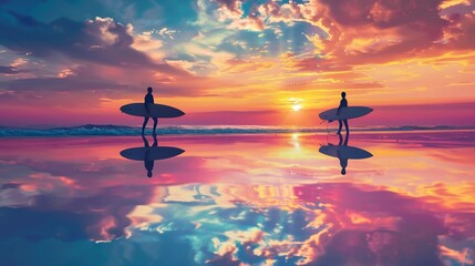 A surfer carrying a surf board standing on tropical beach with sunset colorful sky