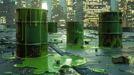 Wall Mural - Dark modern warehouse in nyc, inside several green barrel with green ooze stand, there is a green liquid puddle near the barrel, night