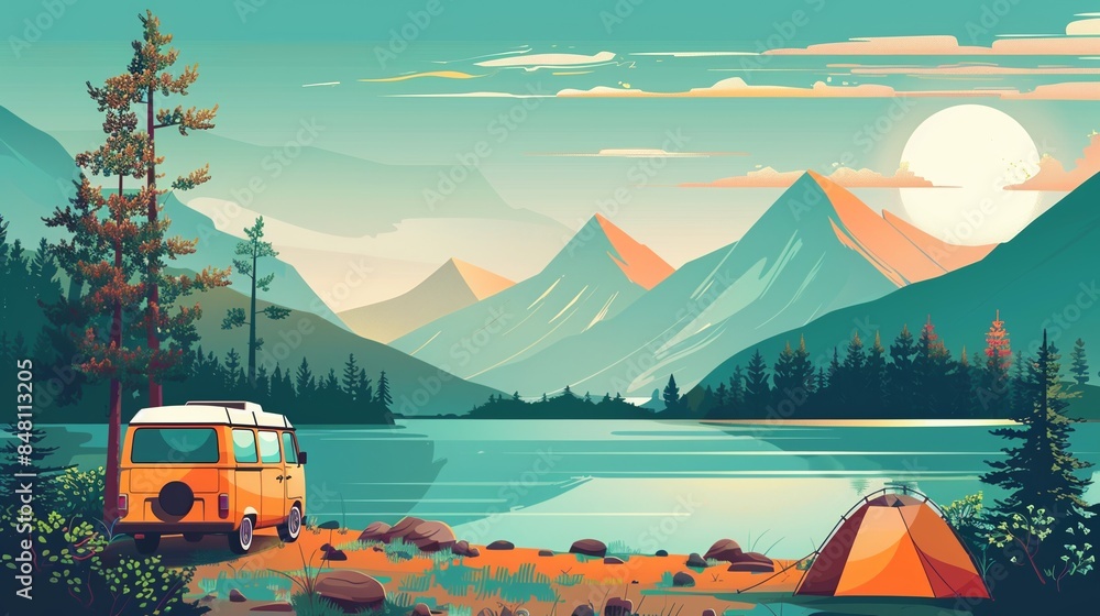 Flat vector illustration of vintage camper van in beautiful outdoors ...