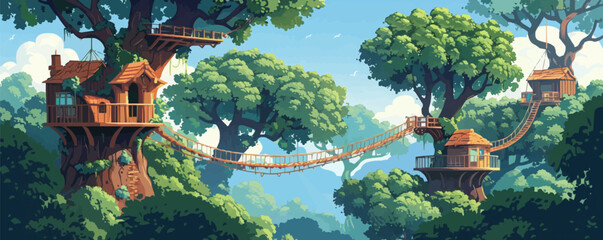 Wall Mural - Whimsical treehouse village high in the canopy with rope bridges and treetop walkways. Vector flat minimalistic isolated