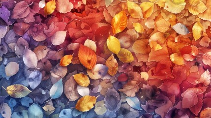 Watercolor image featuring leaves scattered on the ground, vibrant hues of autumn foliage