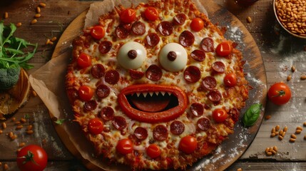 Wall Mural - Griddle pizza flapjack face, eyes and mouth in the middle of a pizza