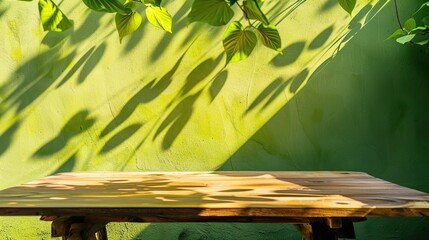 Wall Mural - Wooden Table with Green Wall Background and Leaves