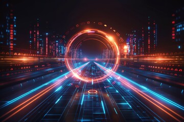 Wall Mural - Futuristic AI Data Highway with Glowing Neon Light Trails and Speed Effect