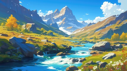 Wall Mural - An isolated mountain river runs swiftly its water sparkling clean and fresh meandering through the picturesque mountain landscape