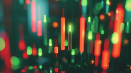 Poster - A candlestick chart tracking stock market performance, with green and red candles indicating price movements.