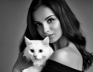 beautiful woman black dress white cat portrait AI generated