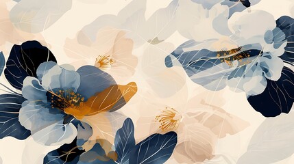 Sophisticated abstract floral design background for prints and textiles, using a palette of muted, elegant colors with stylish botanical elements