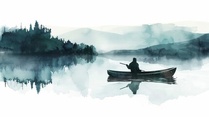 Watercolor painting of man in boat in lake water