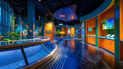 A vibrant, modern science museum exhibit hall featuring interactive displays, colorful walls, and educational installations.