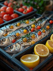 Wall Mural - Photorealistic of a Moroccan sardine, capturing the details of its silvery and shiny texture. Close-up view highlighting the scales and typical shape of the sardine