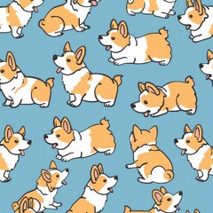  Seamless doodle style different posts corgis background, cute, simple illustration