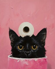 Wall Mural - Smooth oil painting, black cat peekabooing from the bottom of the canvas with a toilet paper roll on his head , pink background, preppy pink colors, generated with AI