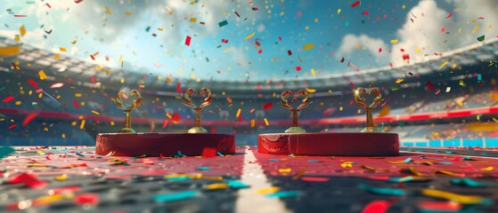Three olympic red podiums decorated with golden laurel leaves, tv commercial, generated with AI	
