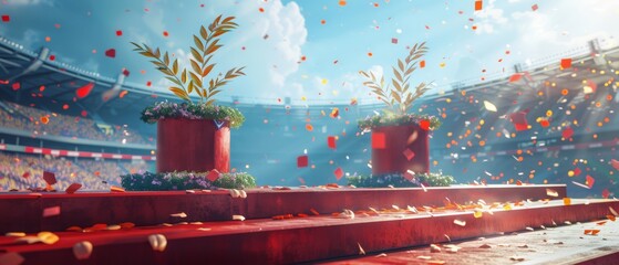 Wall Mural - Three olympic red podiums decorated with golden laurel leaves, tv commercial, generated with AI	