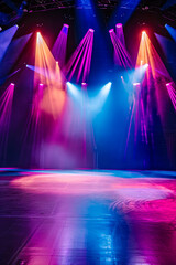 Empty stage show scene, neon glowing spotlights, illuminated blurred smoke, nightclub interior. Template for banner, presentations, flyers, posters, mockup showcase, promotion display, product podium