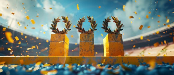 Wall Mural - Three olympic yellow podiums decorated with golden laurel leaves, tv commercial, generated with AI	