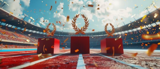 Wall Mural - Three olympic red podiums decorated with golden laurel leaves, tv commercial, generated with AI	