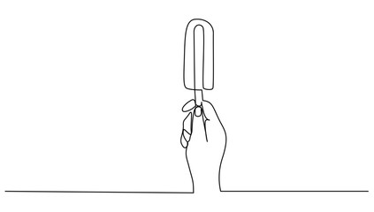 Continuous line hand holding ice cream stick. Concept ice cream food, street food, business vector illustration